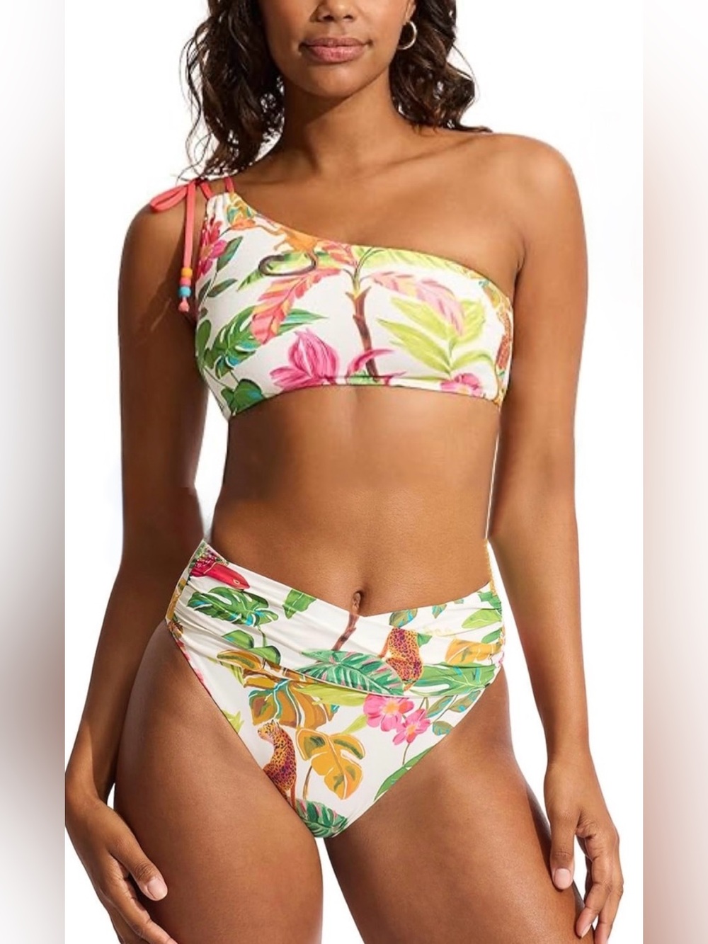 Seafolly White Tropical One-Shoulder Bikini Set with Pink/Green Floral Print 16